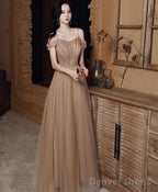 Champagne Sweetheart Tulle Sequin Long Prom Dresses