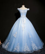 Blue Tulle Lace Off Shoulder Long Prom Dress, Blue Tulle Lace Prom Dresses