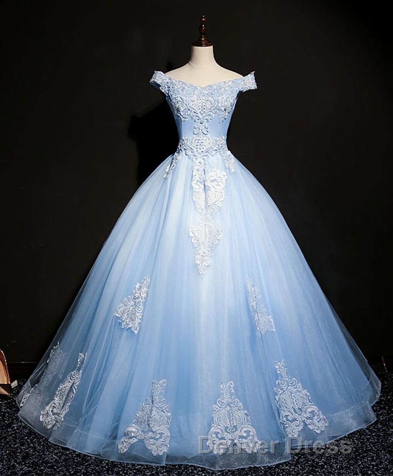 Blue Tulle Lace Off Shoulder Long Prom Dress, Blue Tulle Lace Prom Dresses