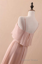 Blush Pink Spaghetti Strap Ruffled Long Bridesmaid Dresses