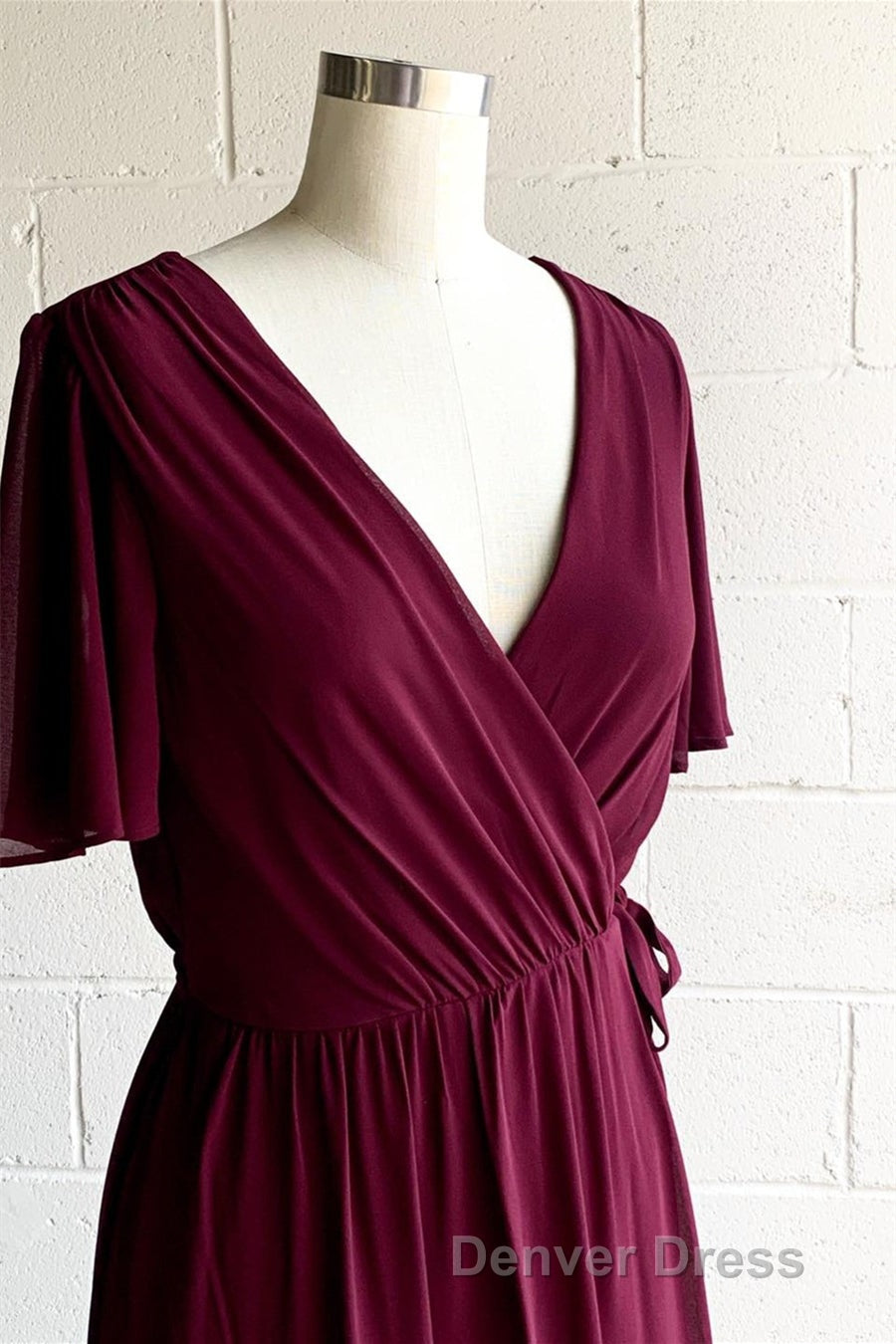 Faux Wrap V Neck Pleated Chiffon Hi Low Bridesmaid Dresses with Sleeves