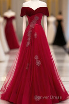 Burgundy Tulle Off Shoulder Long Prom Dress, Burgundy Prom Dresses