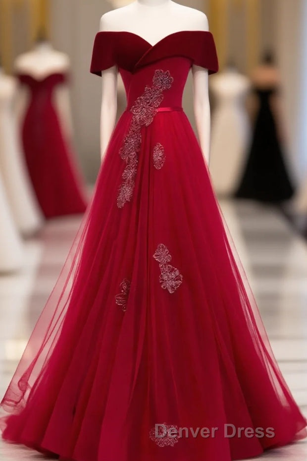 Burgundy Tulle Off Shoulder Long Prom Dress, Burgundy Prom Dresses
