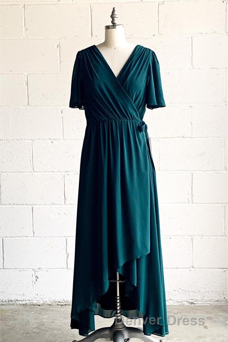 Faux-Wrap V Neck Pleated Chiffon Hi-Low Bridesmaid Dresses with Sleeves