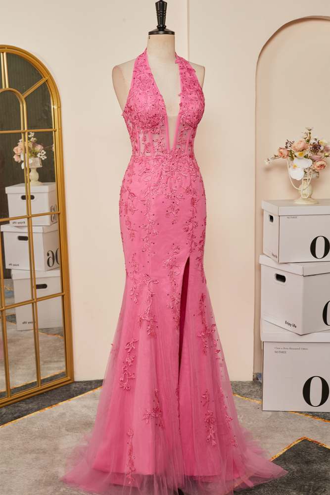 Pink Plunging Halter Appliques Mermaid Long Prom Dresses with Slit Secondary image