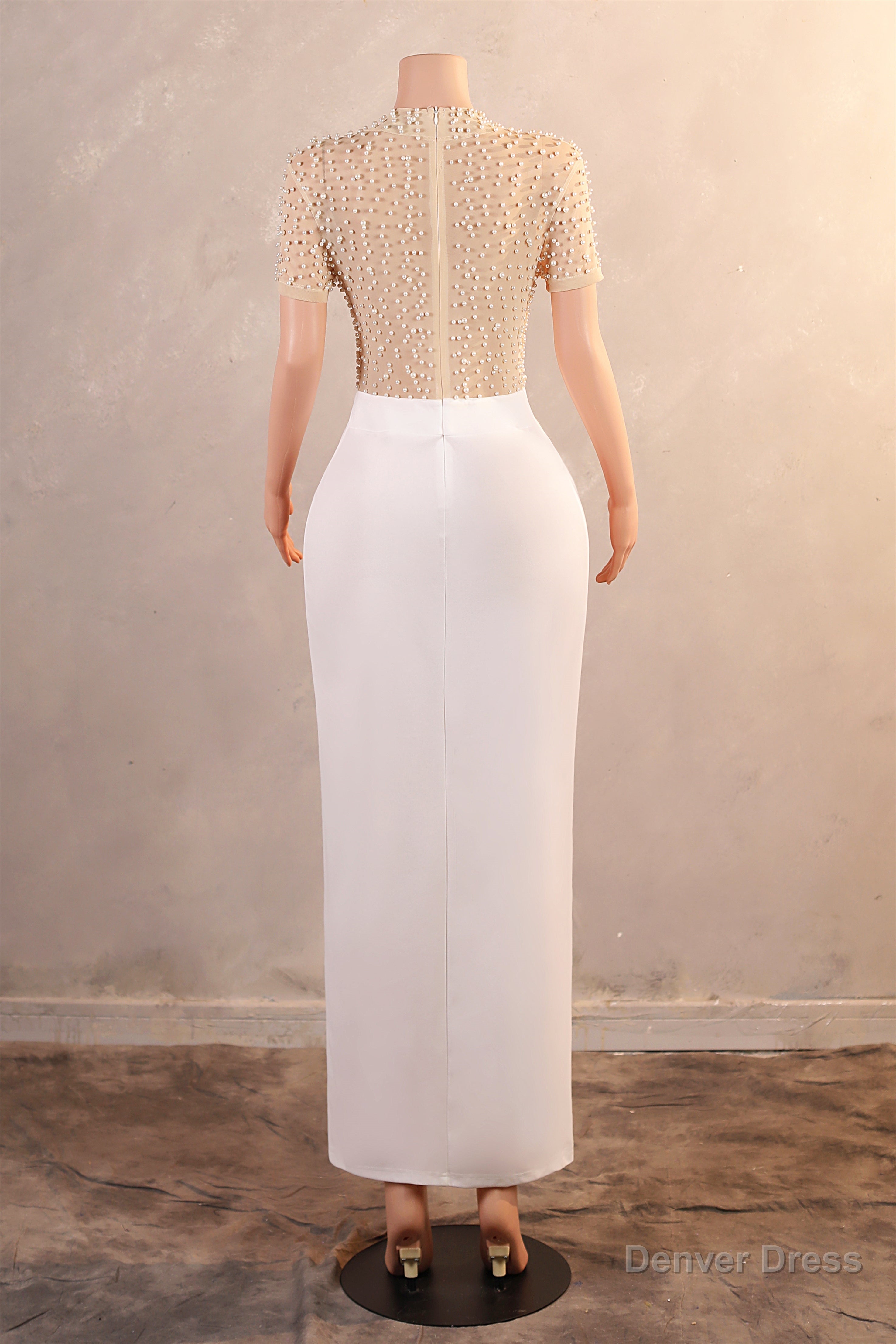 Crew Sheath Ankle Length Zipper Beads Split Side Short Sleeve Prom Dresses Secondary image