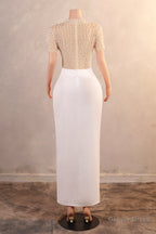 Crew Sheath Ankle Length Zipper Beads Split Side Short Sleeve Prom Dresses