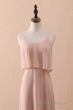 Blush Pink Spaghetti Strap Ruffled Long Bridesmaid Dresses