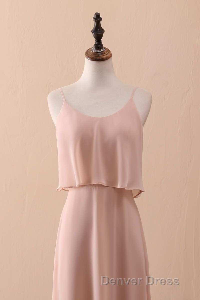Blush Pink Spaghetti Strap Ruffled Long Bridesmaid Dresses