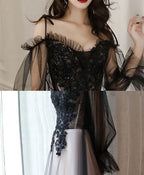 Black Tulle A Line Lace Long Prom Dress, Tulle Lace Prom Dresses