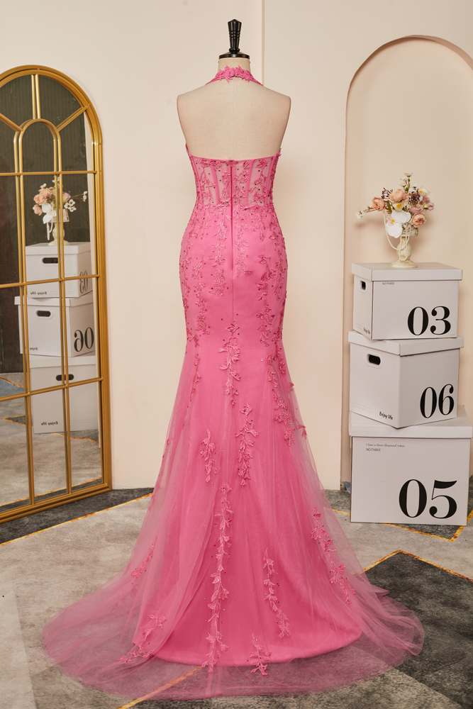 Pink Plunging Halter Appliques Mermaid Long Prom Dresses with Slit Main image