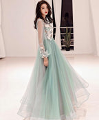 Green Tulle Lace Applique Long Prom Dress Green Prom Dresses 1