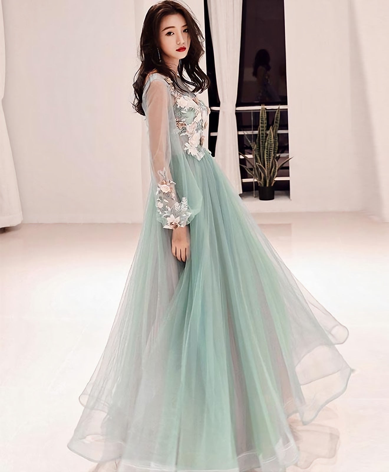 Green Tulle Lace Applique Long Prom Dress Green Prom Dresses 1