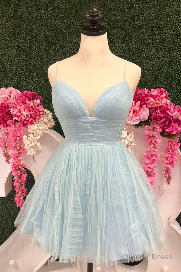 Sky Blue A-line Plunging V Neck Straps Ruffles Homecoming Dress Main image