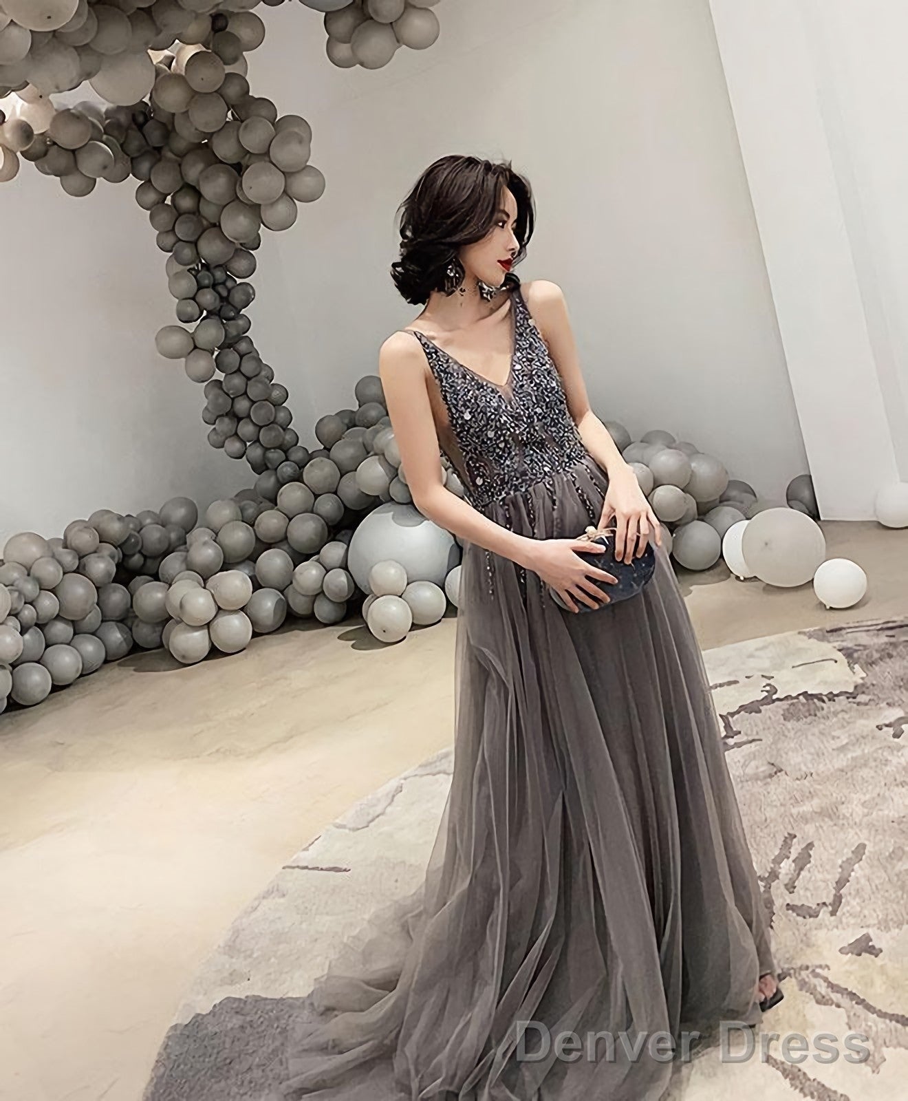 Gray V Neck Tulle Beads Long Prom Dress Gray Tulle Prom Dresses