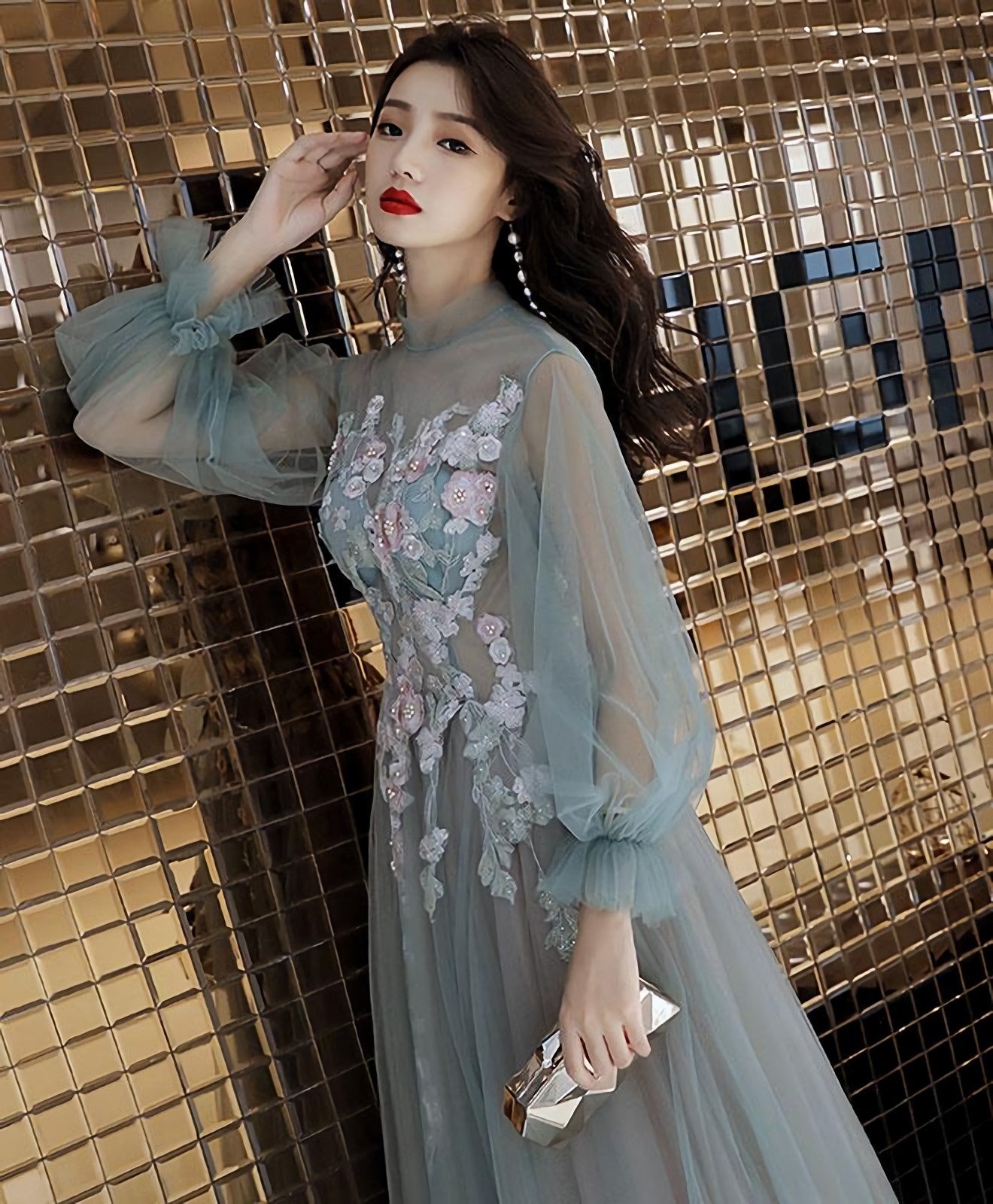 Green Tulle Lace Long Prom Dress Green Tulle Prom Dresses