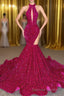 Sparkle Sequined Fuchsia High neck mermaid Keyhole asymmetric cut Prom Dresses