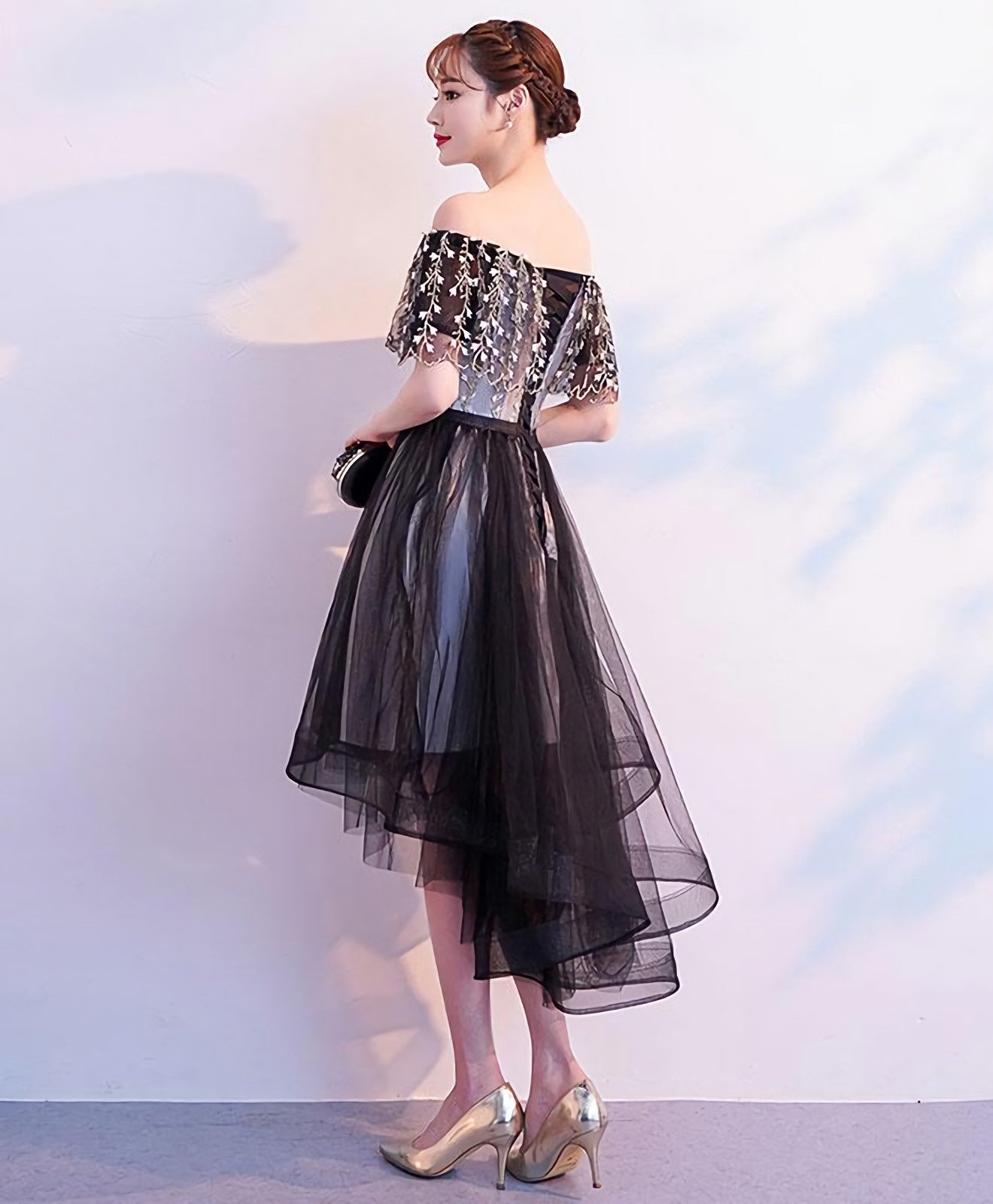 Black Tulle Lace Short Prom Dress, Black Tulle Homecoming Dresses