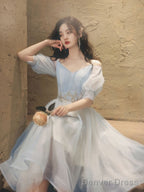 Blue A Line Tulle Lace Short Prom Dress Blue Homecoming Dresses