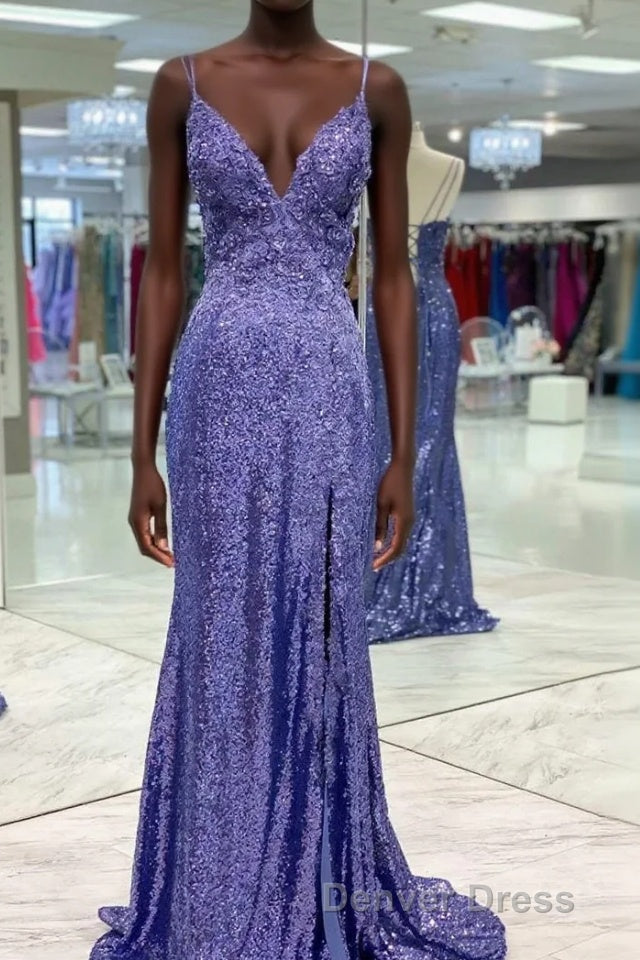 Tight Purple Sequined Long Prom Dresses with Slit