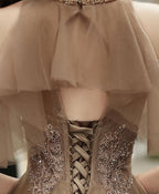 Champagne High Neck Tulle Lace Long Prom Dress