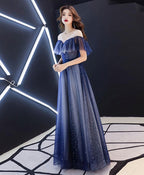 Blue V Neck Tulle Long Prom Dress Blue Tulle Prom Dresses
