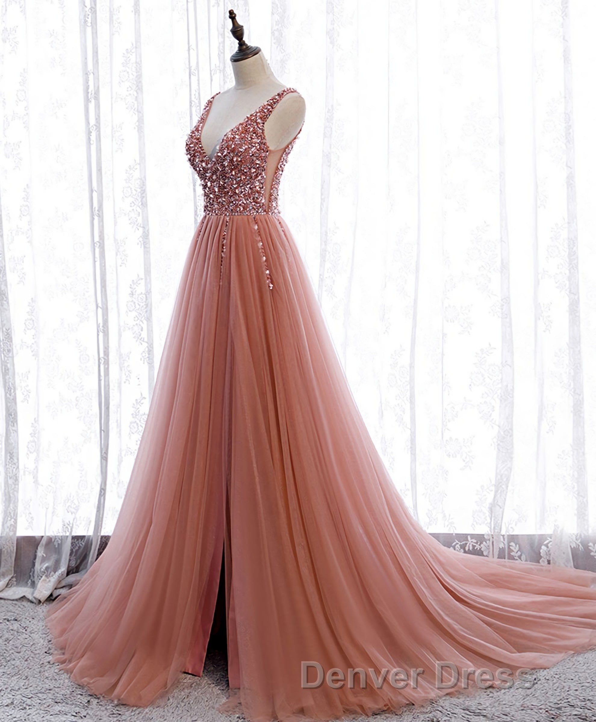 Pink V Neck Tulle Sequin Long Prom Dresses, Pink Formal Dresses Secondary image