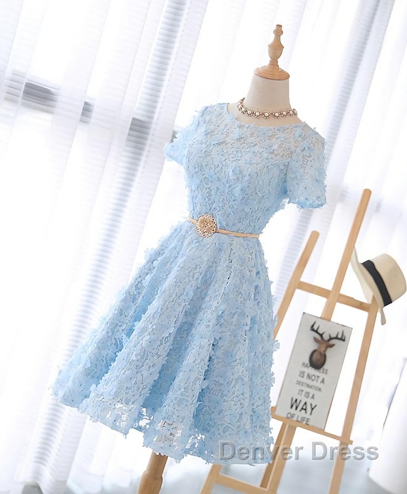 Cute Blue Lace Short Prom Dress, Blue Homecoming Dresses