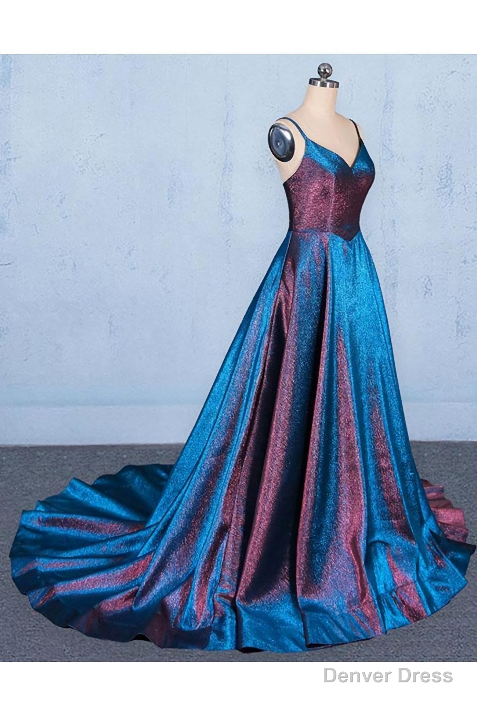A Line V Neck Sleeveless Prom Dress, Spaghetti Straps Long Prom Dresses