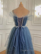 Gray Blue Tulle Beads Long Prom Dresses, Blue Tulle Formal Dresses