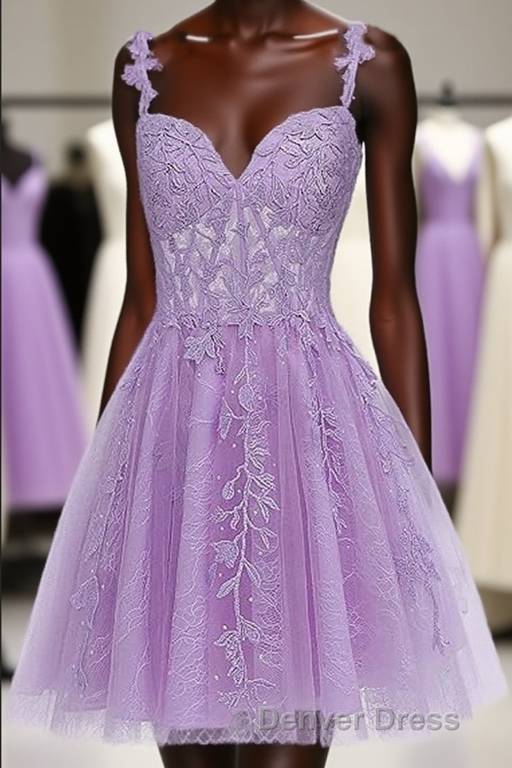 Lavender Tulle Lace Applique Homecoming Dresses, Floral Tulle Short Prom Dresses Main image