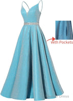 Spaghetti Straps Prom Dresses Long Satin Beaded V Neck Prom Ball Gown with Pockets