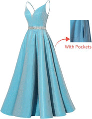 Spagettihihnat prom-mekko pitkät satiini helmillä V-kaula-aukko muodolliset iltajuhlat pallopuvut taskuilla
