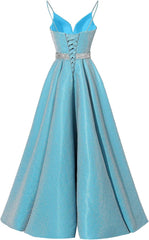Spaghetti-Gurte Prom Kleid Lange Satin Perlen V-Ausschnitt formelle Abendkugelkleider mit Taschen