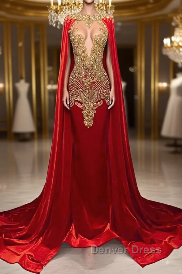 Mermaid Prom Dresses with Red Scoop Neckline and Beadings Cape Main image