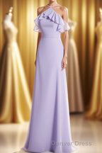 Lavender Halter Ruffled A Line Long Bridesmaid Dresses
