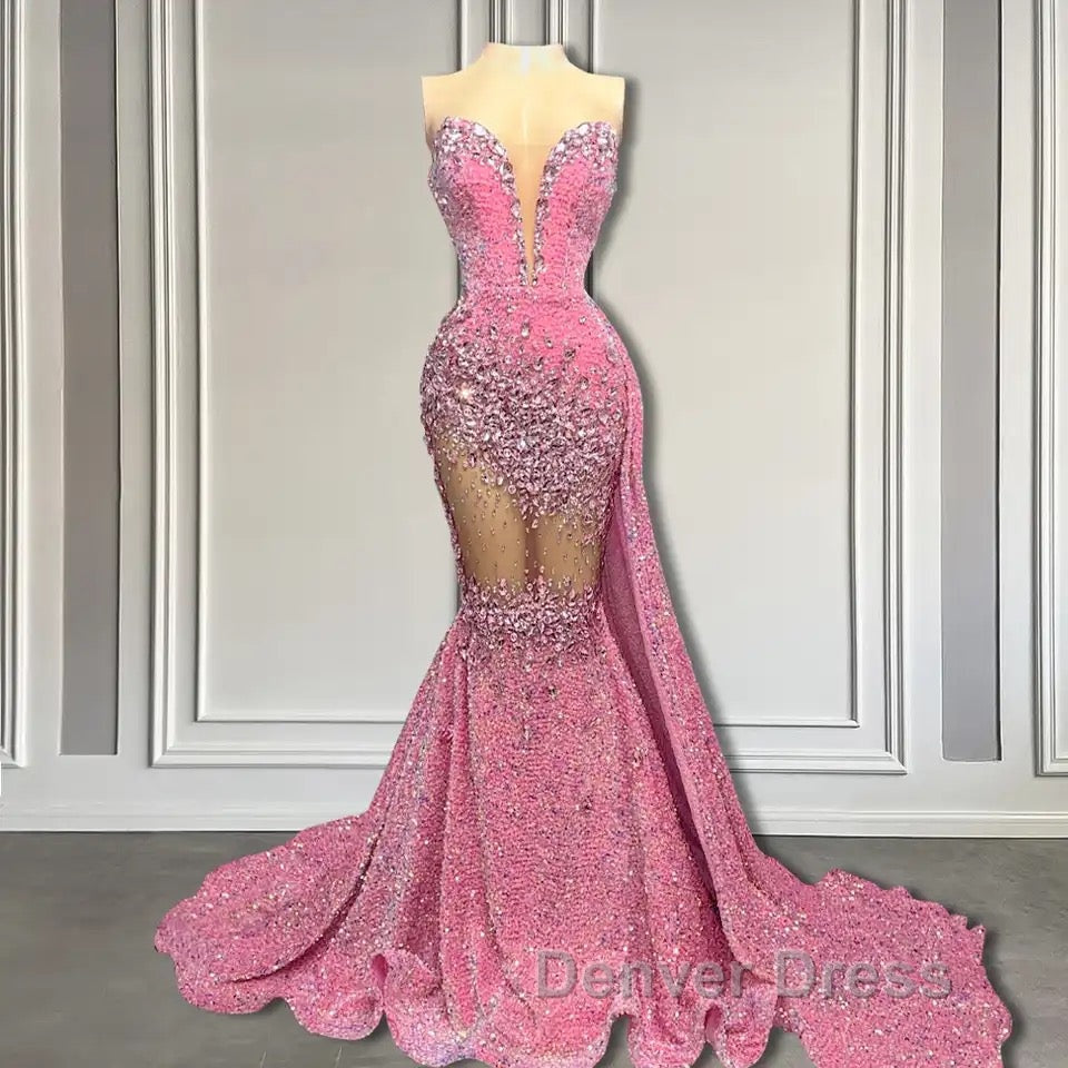 V-Neck Sequins Prom Dresses Mermaid Sleeveless Crystal.