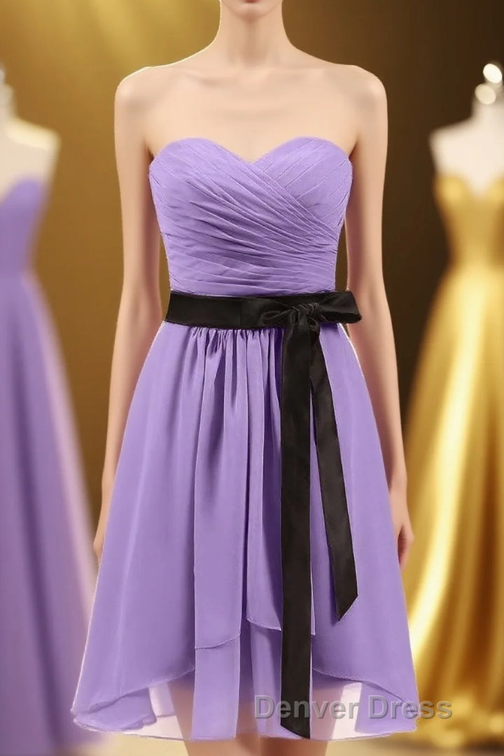 Lavender Strapless Tie Side Short Bridesmaid Dresses