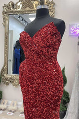 Asymmetrical Burgundy Sequin Strapless Mermaid Long Prom Dress with Slit