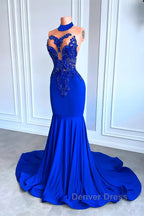 Royal Blue High Neck Sleeveless Mermaid Prom Dresses with Beadings