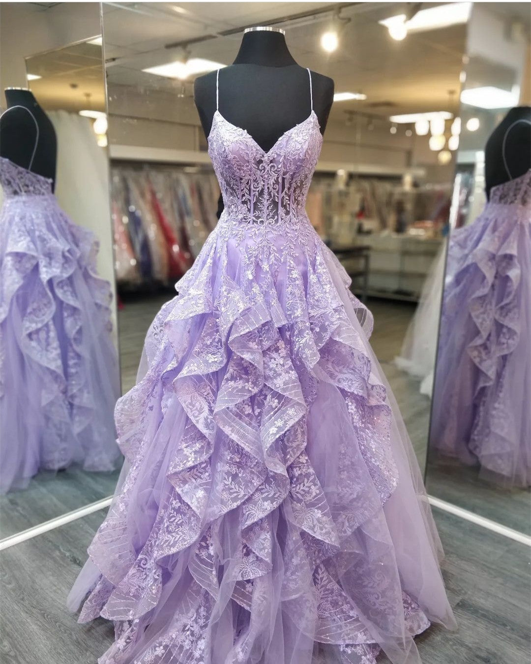 Spaghetti Staps Lilac Prom Dresses Evening Gowns with Sheer Bodice