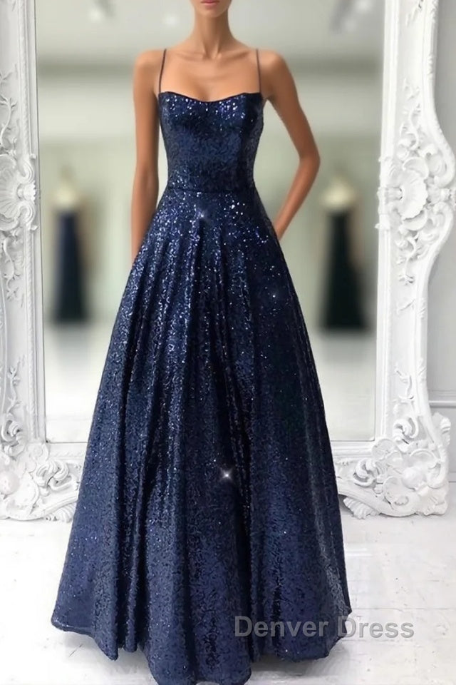 Long Navy Blue Sequin Prom Dresses Main image