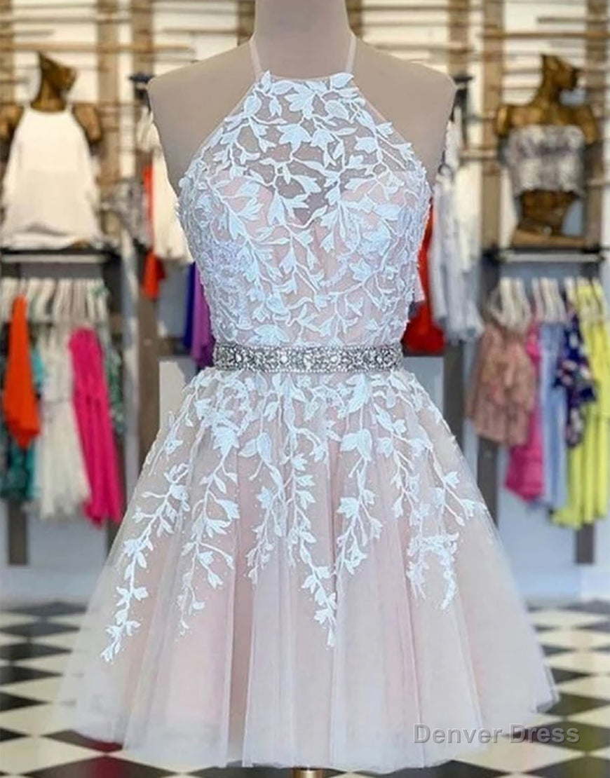 A Line Pink Tulle Short Prom Dresses With Appliques Main image