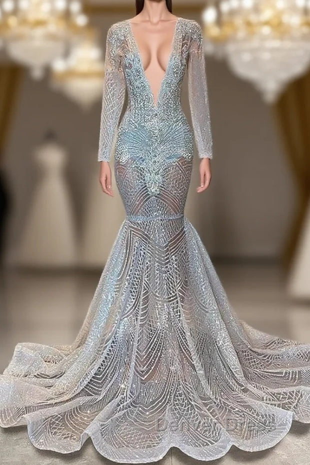 Mermaid Prom Dresses with Deep V Neck Long Sleeves Beadings