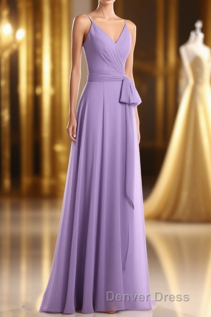 Lavender Spaghetti Straps Tie Side Long Prom Dresses