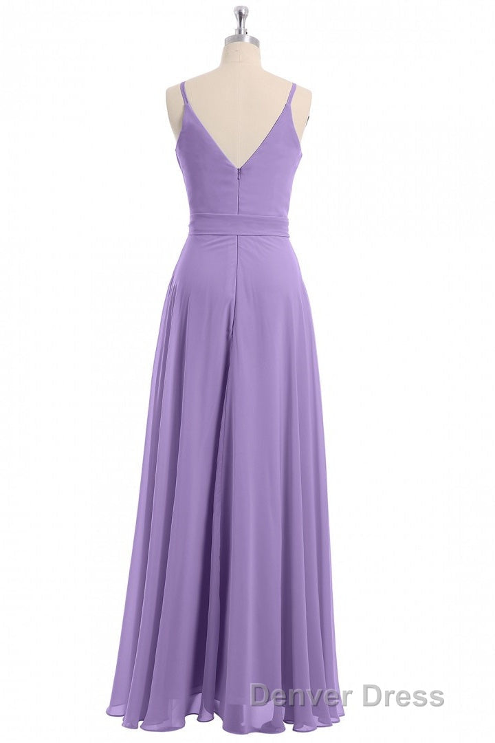 Lavender Spaghetti Straps Tie Side Long Prom Dresses