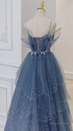 Shiny Tulle A Line Spaghetti Straps Blue Prom Dress Prom Gown Prom Dresses