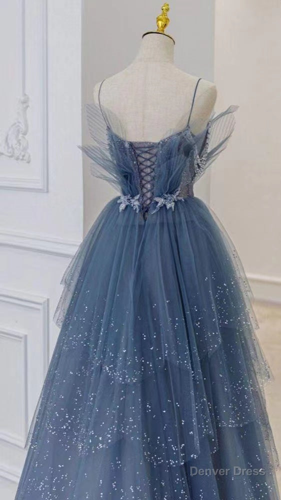 Shiny Tulle A Line Spaghetti Straps Blue Prom Dress Prom Gown Prom Dresses