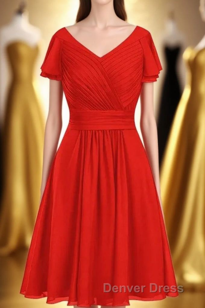 Red Chiffon V Neck Ruffled A Line Short Bridesmaid Dresses