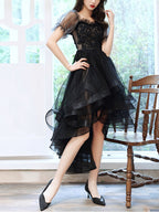 Black Sweetheart Tulle Lace High Low Prom Dress Black Prom Dresses